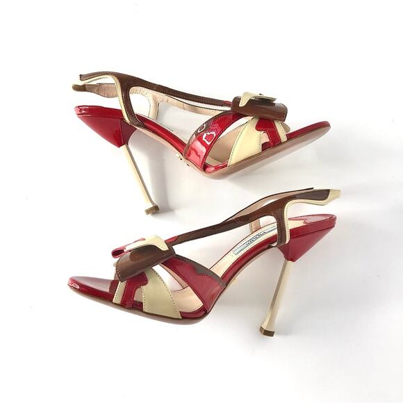 Prada S2012 Flame Red Patent Leather Bow Hotrod Strappy Heeled Sandals 36.5 - Picture 5 of 9